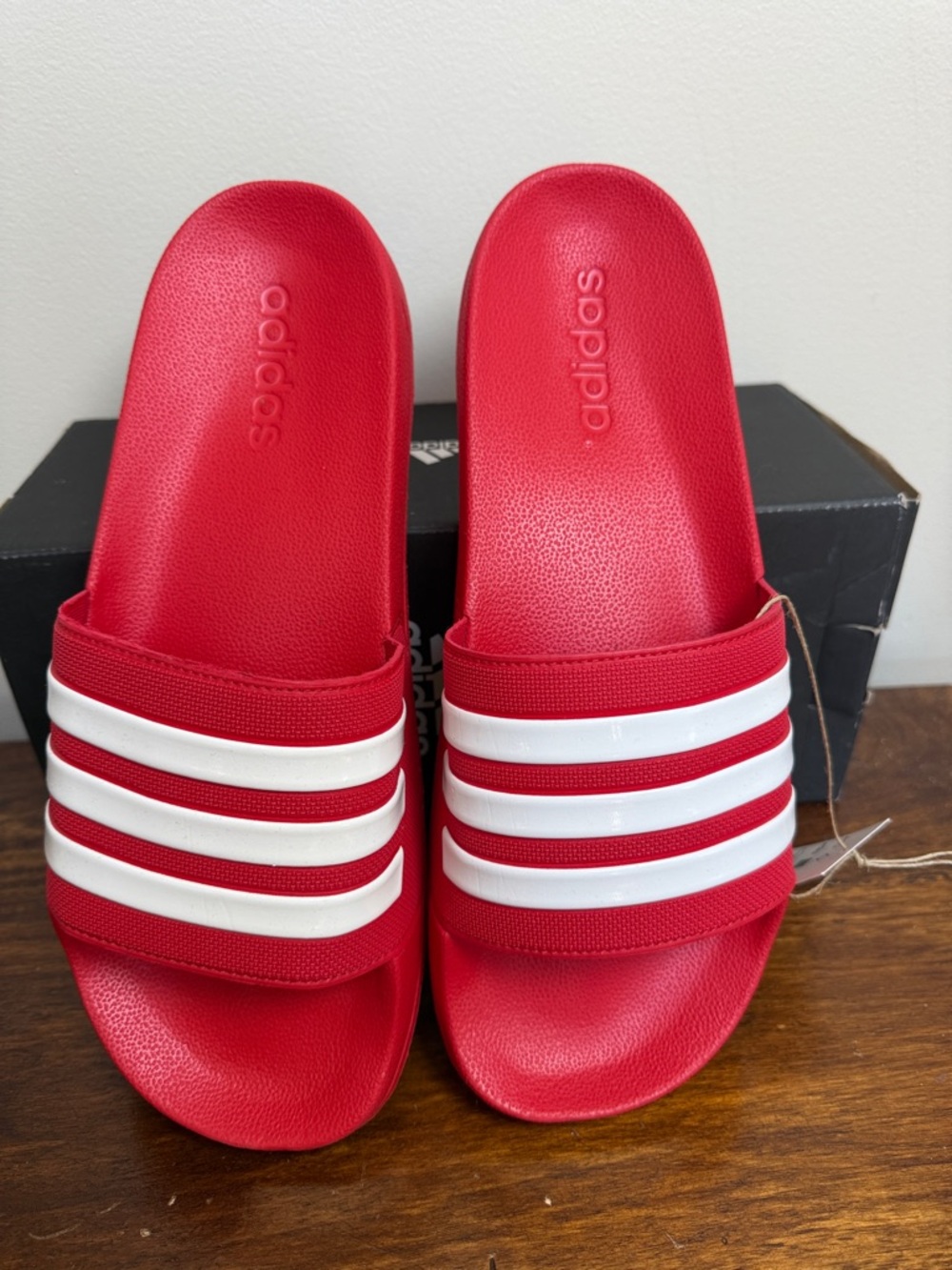 adidas New Men’s Size 12 Red Slide Sandals with White Stripes - Picture 3 of 3
